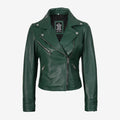 Front view of women's forest green leather biker jacket with snap-tab lapel