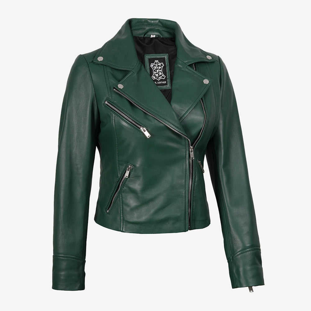 Side angle of women's green genuine leather biker jacket with zip pockets
