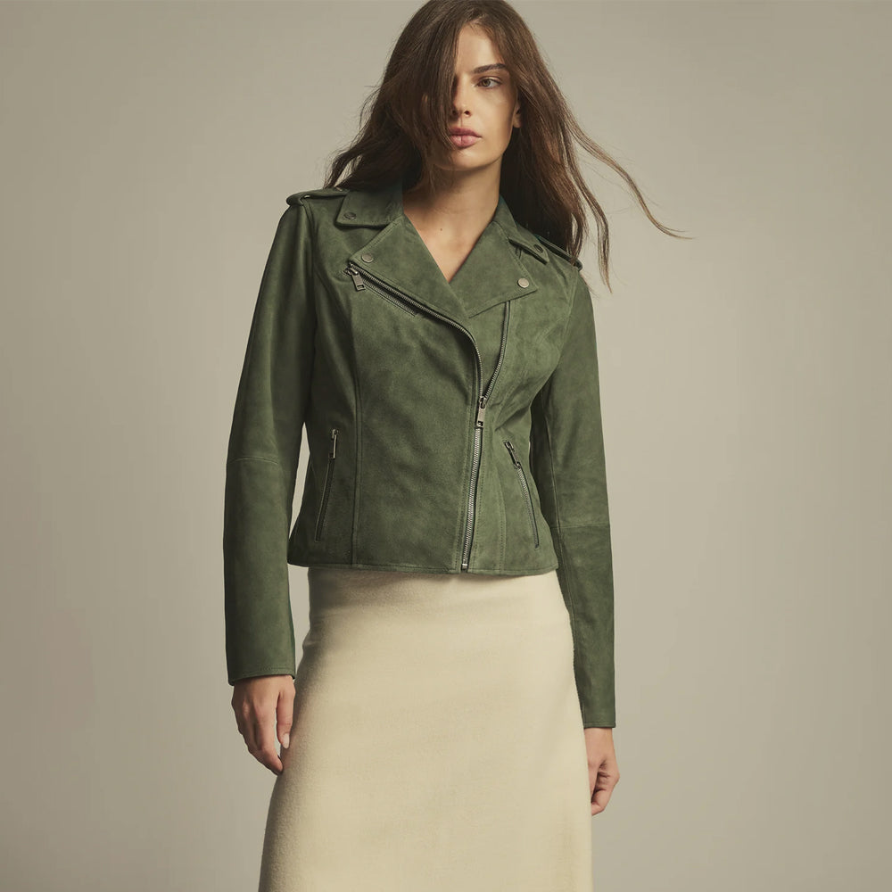 Front view of a women’s olive suede double-rider jacket with antique brass YKK fastening, lapels and epaulettes.