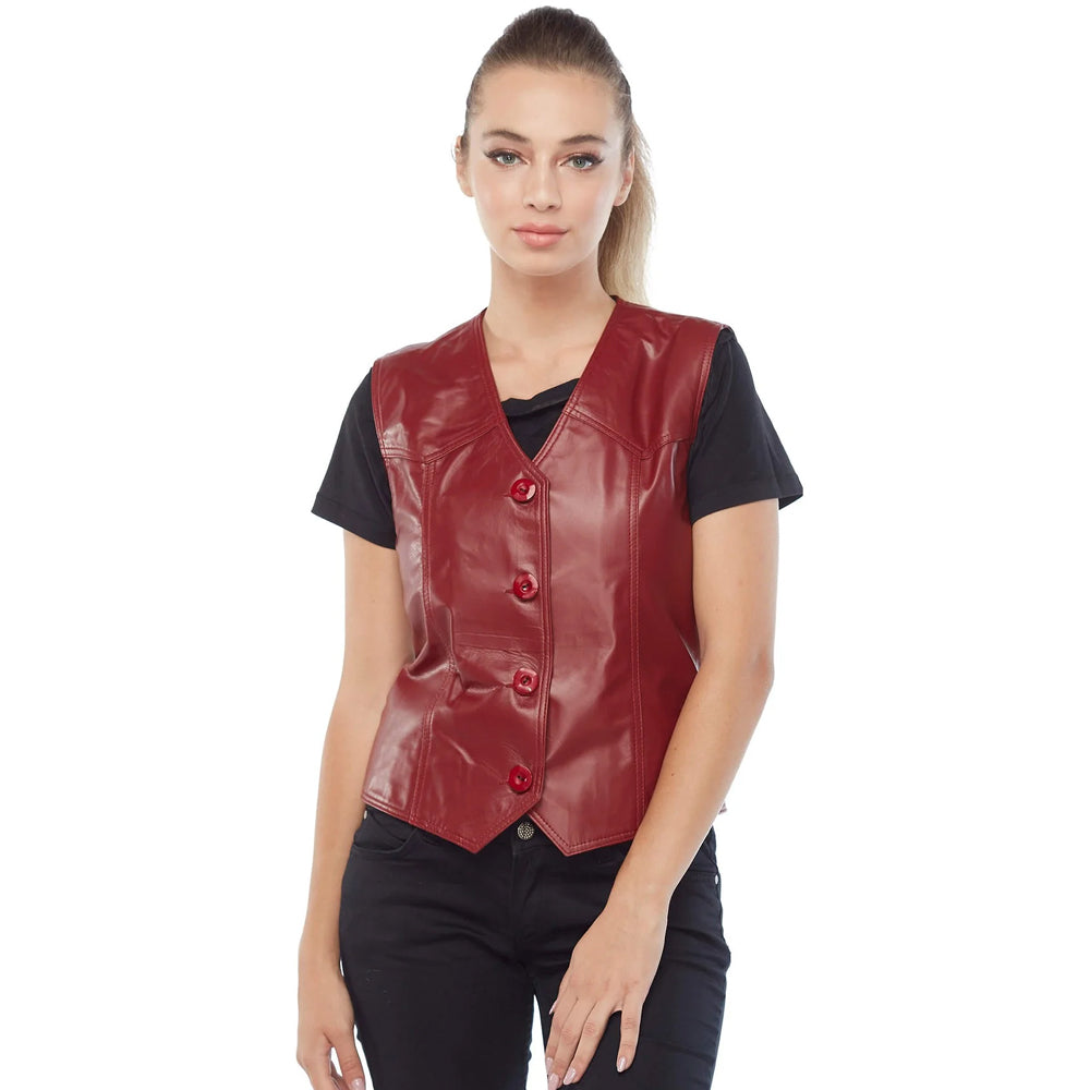 Woman wearing a vibrant red lambskin leather vest with four matching red buttons over a black tee.