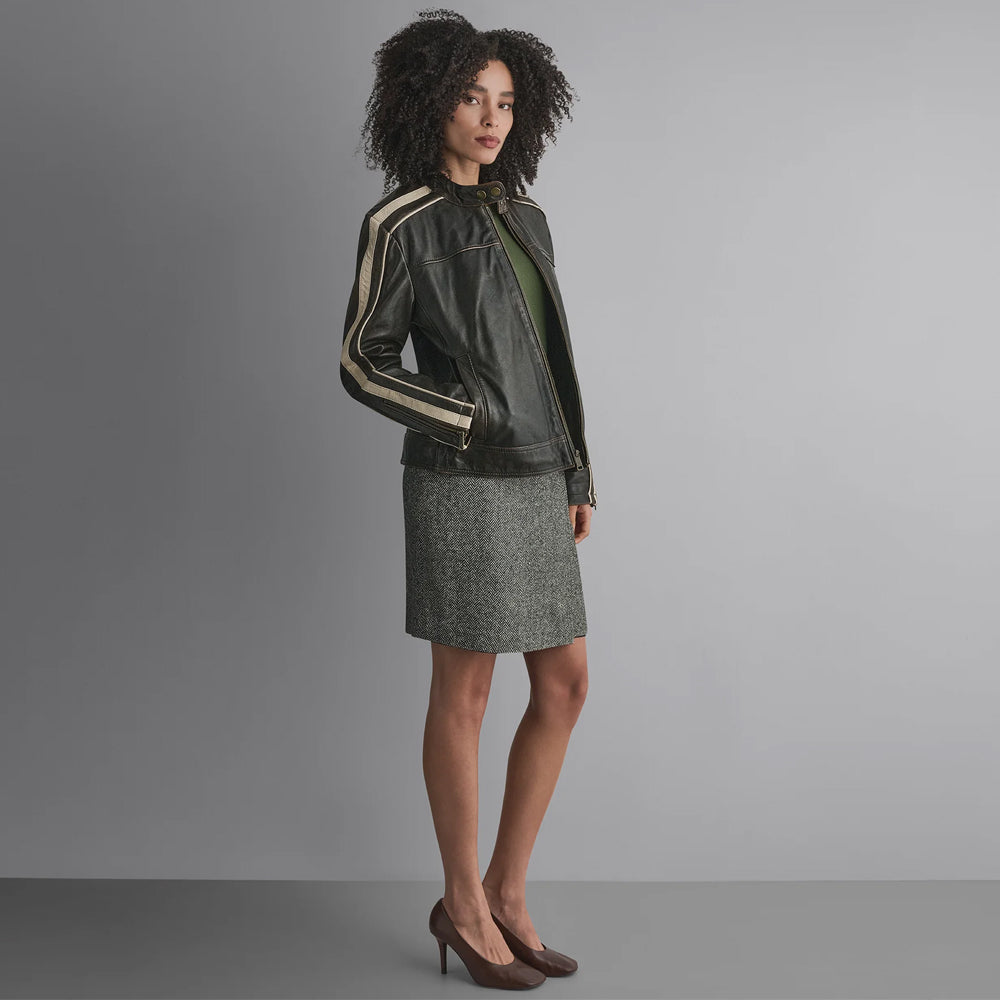 Full-length styling of women’s vintage racing jacket with stand collar, contrast arm stripes and relaxed leather silhouette